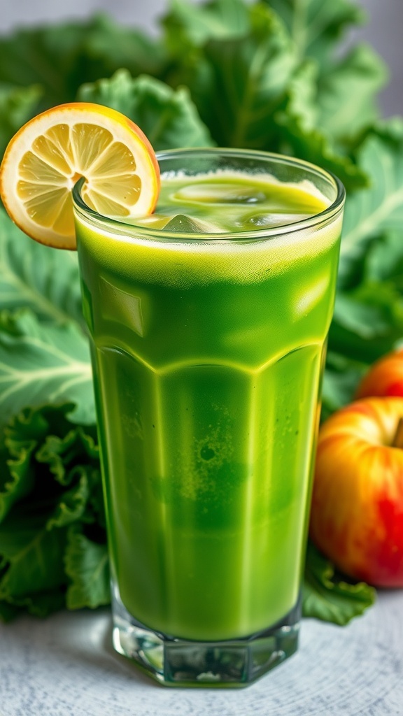 A refreshing glass of kale green juice with lemon garnish on a wooden table.